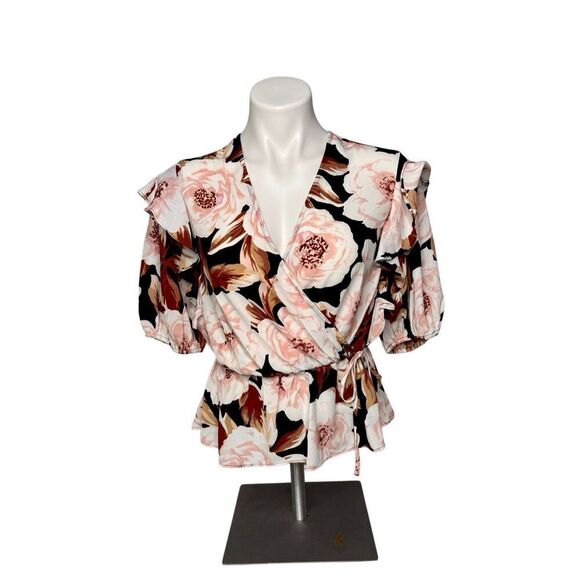 Express NWT floral faux wrap puff sleeve peplum top size S - Picture 3 of 13